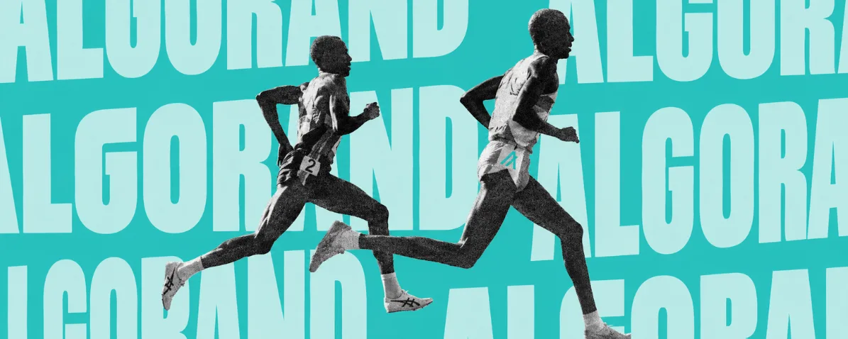 two runners sprinting in front of a teal wall of repeated algorand wordmarks
