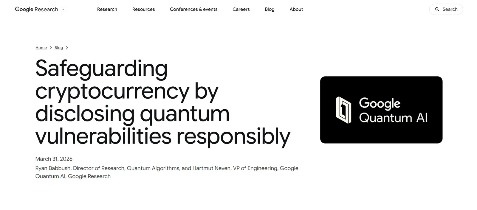 google quantum ai blog post on safeguarding cryptocurrency, march 2026