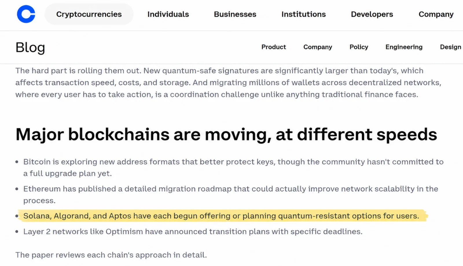 coinbase blog: major blockchains are moving at different speeds, highlighting algorand