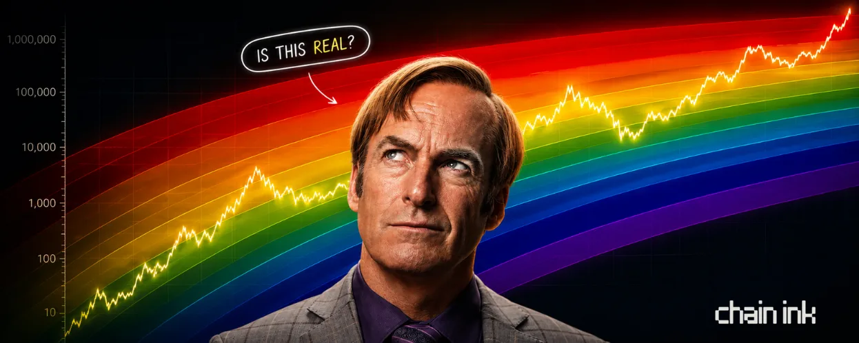 a skeptical man looking up at a glowing bitcoin rainbow chart with a speech bubble asking is this real