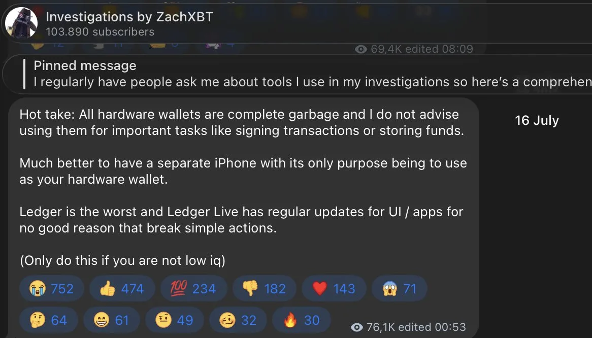 zachxbt telegram post calling all hardware wallets complete garbage and recommending a separate iphone