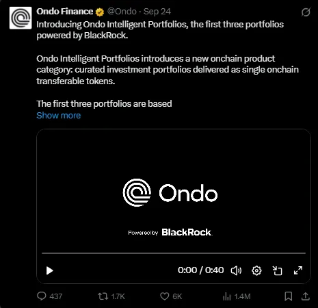 ondo finance post on x introducing intelligent portfolios powered by blackrock, sep 24