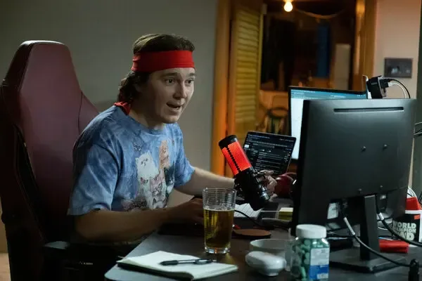 a guy in a headband staring at his trading screen at his desk