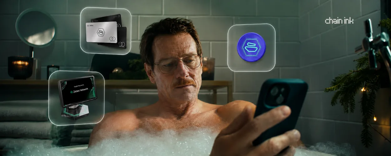 a man in a bubble bath checking his phone, surrounded by floating zebec cards, a payment terminal and a zbcn coin