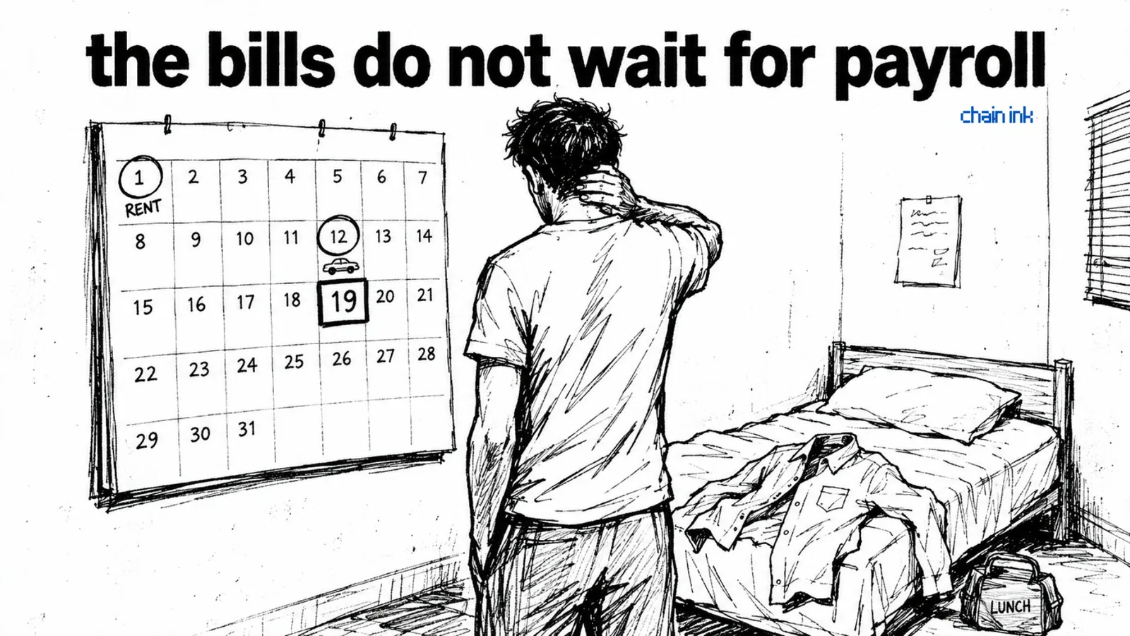 sketch of a man on the 19th of the month staring at a calendar: the bills do not wait for payroll